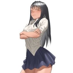 1girls black_hair blush breasts brown_eyes clothed clothing female_focus female_only hayase_nagatoro hi_res long_hair looking_at_viewer medium_breasts please_don't_bully_me,_nagatoro pose revealing_clothes ryofu_x simple_background skirt smile solo tan tanned tsundere white_background