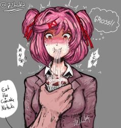 1girls 5_fingers 72hoka artist_name backhoka blush_lines blushing bodily_fluids crying_with_eyes_open cum cum_in_food cum_in_mouth cum_inside cum_on_food cupcake dialogue disgusted doki_doki_literature_club eating eating_cum english_text female food food_play forced_oral gokkun hair_ornament motion_lines name_in_dialogue natsuki_(doki_doki_literature_club) oral oral_insinuation pigtails pink_hair ponhoka ruining_food semen speech_bubble teenager text text_bubble twintails twitter_username two_side_up