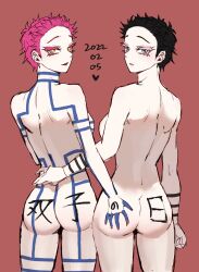 2girls akaza_(kimetsu_no_yaiba) black_hair blue_eyes body_markings body_writing clone completely_nude demon_slayer dual_persona female female_only full_body_tattoo genderswap_(mtf) hakuji kimetsu_no_yaiba looking_at_viewer looking_back nude pink_hair rear_view rule_63 short_hair sideboob smile tattoo tattoos thick_eyelashes umaidkzkwk very_short_hair yellow_eyes