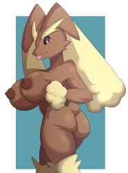 absurd_res anthro ass big_breasts blush breasts brown_body cannedtaco female fur hi_res lagomorph lopunny mammal nintendo nipples nude pokémon_(species) pokemon pokemon_(species) solo tongue video_games