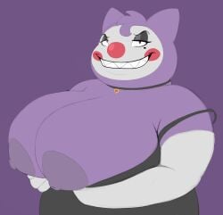 2018 anthro armwear big_breasts black_clothing breasts clothed clothing clown elbow_gloves exposed_breasts eyeshadow female gengar gloves hair handwear hi_res huge_breasts looking_at_viewer lucky_(mcnasty) makeup mcnasty nintendo partially_clothed partially_clothed_female pokémon_(species) pokemon purple_body purple_hair purple_skin red_eyes red_nose sharp_teeth solo teeth three-quarter_view video_games white_clothing white_gloves white_handwear