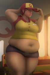 big_belly brown_hair chubby_female fat female_only midriff name_tag pizza_delivery raikovjaba thick_thighs tight_clothes uniform