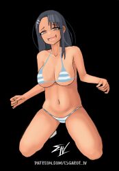 1girls bikini black_background black_hair blush breasts brown_eyes cleavage clothed clothing earrings esgarot_iv female_focus female_only hayase_nagatoro hi_res long_hair looking_at_viewer medium_breasts open_mouth please_don't_bully_me,_nagatoro pose revealing_clothes simple_background smile solo spread_legs tan tanned watermark