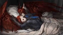 absurd_res anthro avian beak bed bedding blanket capcom cuddling drawing_sofa duo fear_(terrorwing) feathers female flying_wyvern fur furniture gryphon hand_holding hi_res male male/female monster_hunter mythological_avian mythology nargacuga vayhl'ayne_(undauntedvaliance) video_games wings