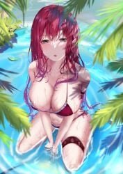 absurdres arm_strap bangs between_legs bikini breasts cleavage collarbone earrings fairy_knight_tristan_(fate) fate/grand_order fate_(series) female hair_between_eyes half-closed_eyes hand_between_legs highres jewelry large_breasts leaf long_hair looking_at_viewer navel outdoors partially_submerged partially_submerged_legs red_bikini red_hair ripples side-tie_bikini sitting solo string_bikini sunlight swimsuit thigh_strap toukaiseiya wariza wet wet_breasts wet_hair