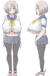 black_legwear blue_eyes breasts cleavage crop_top crop_top_overhang full_body grey_skirt hamakaze_(kantai_collection) highres huge_breasts kantai_collection large_areolae looking_at_viewer navel one_eye_covered pantyhose redrose214 school_uniform serafuku shoes short_hair skirt underboob