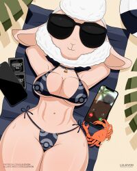 :3 anthro beach beach_ball bell_choker big_breasts bikini bovid choker condom_wrapper condoms crab crossover dawn_bellwether disney female_focus furry glasses human_skin_color imminent_stripping imminent_undressing incoming_call iphone luleivon medium_breasts pokeball pokeballs pokemon sand sheep sheep_girl shiny_skin shortstack string_bikini sunbathing sunglasses swimsuit thick_thighs toned_body toned_female wide_hips wool_(fur) zootopia