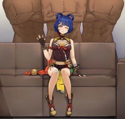 1girls 3boys artist_request blue_hair couch dark-skinned_male fingerless_gloves genshin_impact gloves imminent_sex one_eye_closed piper_perri_surrounded sitting source_request xiangling_(genshin_impact)