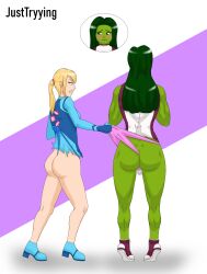 2girls ass blush blushing crossover embarrassed female female_only green_skin justtryying_(artist) marvel marvel_comics metroid multiple_girls panties ripped_clothing samus_aran she-hulk thong wedgie