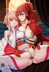 2girls after_kiss anna_(fire_emblem) anna_(fire_emblem_fates) ass_visible_through_thighs asymmetrical_docking bangs bare_thighs bed blush breast_press breasts capelet censored cleavage elbow_gloves female female_only fingering fingering_partner fingerless_gloves fire_emblem fire_emblem_fates french_kiss gloves hairband hug indoors inner_thighs kissing large_breasts looking_at_another medium_breasts medium_hair multiple_girls night nintendo on_back on_bed open_mouth orange_eyes pink_hair ponytail pussy red_eyes red_hair saikunartworks sakura_(fire_emblem) saliva saliva_string smile spread_legs spread_pussy sweat thick_thighs thighhighs thighs tongue tongue_out yuri