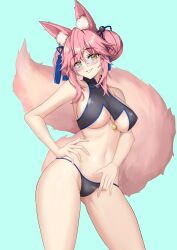 absurdres animal_ear_fluff animal_ears aqua_background bangs bikini black_bikini breasts contrapposto cowboy_shot double_bun eyebrows_visible_through_hair fate/grand_order fate_(series) female fox_ears fox_girl fox_tail glasses grin hair_tassel hand_on_hip highres koyanskaya_(chinese_lostbelt_outfit) koyanskaya_(fate) large_breasts looking_at_viewer mergerri navel pink_hair sidelocks simple_background smile solo stomach swimsuit tail tassel underboob yellow_eyes