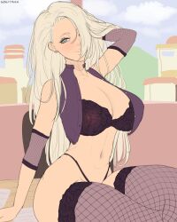 1girls big_breasts blonde_hair blue_eyes bra breasts cleavage crop_top desk elbow_pads fishnet_stockings fishnets hair_down hand_behind_head hand_on_hair highleg highleg_panties indoors ino_yamanaka lingerie loose_hair midriff naruto naruto:_the_last naruto_(series) naruto_shippuden nonutman office on_desk open_clothes open_shirt panties partially_clothed posing solo stockings table thick_thighs thighhighs very_long_hair voluptuous wip