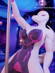 3d_(artwork) anthro areola bedroom_eyes blender_(software) breasts dancing digital_media_(artwork) female genitals hiddenmask18 lidded_eyes medium_breasts narrowed_eyes nightclub nintendo nipples pink_pussy pokémon_(species) pokemon pokemon_(species) pole pole_dancing purple_areola purple_nipples pussy salazzle scalie seductive shiny_pokemon solo spreading video_games white_body