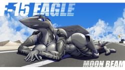 1girls aeromorph aircraft anthro blue_eyes breasts cleavage clouds f-15 female female_only gun-modoki living_aircraft living_machine looking_at_viewer lying lying_on_stomach moonbeam_(rclarke) original runway solo thick_thighs wide_hips wings