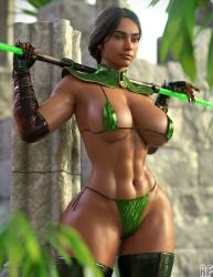 1girls 3d abs artist_logo big_breasts bikini black_hair blender breasts cleavage dark-skinned_female female female_only fit_female front_view jade_(mortal_kombat) large_breasts long_hair mortal_kombat mortal_kombat_11 muscles muscular muscular_female narrow_waist ponytail rude_frog solo solo_female thick_thighs thong wide_hips