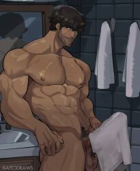 abs bathroom beefy carlos_oliveira erection_under_towel kaito_draws latino looking_at_viewer low_hanging_balls male_focus male_only male_solo melanin muscles muscular muscular_male resident_evil solo_male teasing