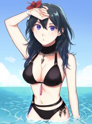 1girls absurdres alternate_costume arm_up bikini black_bikini black_swimsuit blue_eyes blue_hair blue_sky blush breasts byleth_(fire_emblem) byleth_(fire_emblem)_(female) byleth_(summer)_(fire_emblem)_(female) cleavage cloud cloudy_sky commentary cowboy_shot dagger day female female_only fire_emblem fire_emblem:_three_houses fire_emblem_heroes flower hair_between_eyes hair_flower hair_ornament hand_on_own_head hibiscus highres jewelry knife lips long_hair looking_at_viewer medium_breasts navel nintendo ocean official_alternate_costume outdoors parted_lips peach11_01 pendant puckered_lips ribbon ripples sheath sheathed sky solo standing stomach swimsuit tassel teal_hair wading water weapon wet wet_hair wrist_ribbon