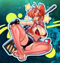 background big_breasts boots bra feet female golden_eyes long_legs looking_at_viewer ponytail red_hair red_toenails reiq seductive soles solo stirrup_legwear tagme tengen_toppa_gurren_lagann toe_ring_legwear yoko_littner