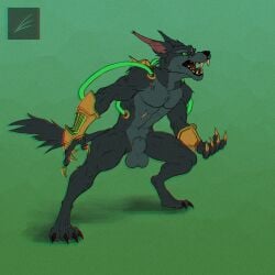 1boy absurd_res angry animal_genitalia anthro armguards balls bonelesswolf canid canine canis claws clothed clothing digitigrade fully_sheathed genitals hi_res huge_filesize league_of_legends male male_only mammal muscular nude open_mouth riot_games scar sheath solo tongue topless video_games warwick wolf