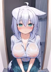 animal_ear_fluff animal_ears animal_tail breasts cleavage clothing deaver embarrassed female highres hololive hololive_gamers hololive_gen_1 hololive_japan huge_breasts looking_at_viewer rain school_uniform see-through shirakami_fubuki short_hair skirt solo tears virtual_youtuber white_shirt