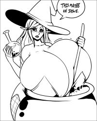 big_breasts blush breasts cauldron dark_sclera darkclawnsf female huge_breasts potion squish squished_breasts stick tagme witch witch_hat