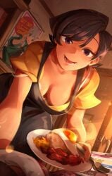 2022 apron bacon big_breasts black_hair breakfast breast_focus breasts characterful cleavage eggs eromanga_sensei female food khyleri komi-san_wa_komyushou_desu komi_shuuko leaning_forward looking_at_viewer mature mature_female milf morning mother offering_food painting_(artwork) purple_eyes realistic_breast_size short_hair smiling_at_viewer tagme wholesome