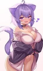 absurdres ahoge animal_ear_fluff animal_ears bandaid bangs blush breasts cat_ears cat_girl cat_tail cleavage collar covered_clitoris crossed_bangs deaver eyebrows_visible_through_hair female hair_between_eyes heart highres hololive hololive_gamers hololive_japan jacket large_breasts long_sleeves looking_at_viewer nekomata_okayu no_bra no_pants oerba_yun_fang open_clothes open_jacket open_mouth partially_unbuttoned purple_eyes purple_hair rodeo_(rodeo_neko) shirt short_hair smile solo sweat sweatdrop tail virtual_youtuber