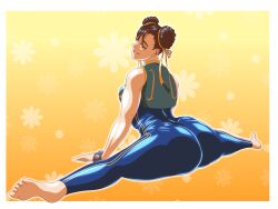 ass ass_focus big_ass brown_eyes brown_hair bubble_ass bubble_butt capcom chun-li dual_dragon hair_bun legs looking_back pants presenting smirk splits street_fighter street_fighter_alpha thick_ass thick_thighs tight_clothing tight_pants yoga_pants