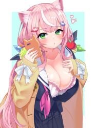 1girls :o animal_ear_fluff animal_ears blue_background blush bra breasts cat_ears cat_girl cellphone cleavage collarbone female festa11307070 hair_ornament holding holding_phone large_breasts light-skinned_female light_skin long_hair long_sleeves looking_at_viewer multicolored_hair nijisanji nijisanji_kr phone pink_hair solo streaked_hair two-tone_background underwear virtual_youtuber white_background white_bra white_hair yang_nari