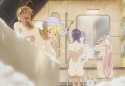 4girls animated bath blonde_hair breasts brown_hair female grope groping highschool_of_the_dead hotd large_breasts multiple_girls nipples nude pink_hair purple_hair rei_miyamoto saeko_busujima saya_takagi screencap shizuka_marikawa steam voluptuous yuri