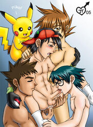 00s 2005 4boys abs anal_fingering ash_ketchum brock_(pokemon) cum cum_in_boy cum_in_mouth fellatio foursome gary_oak glasses gloves group_sex held_up jaytee legs_held_open male male_only nintendo pikachu pokemon spread_legs three_on_one uncensored yaoi