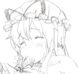 closed_eyes fellatio grafite_(medium) hat kaisen_chuui monochrome oral penis sketch touhou traditional_media uncensored yukari_yakumo