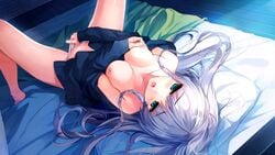 1girls bare_shoulders bed blue_hair breasts cardigan female furukawa_yui green_eyes hand_in_panties kuroya_shinobu long_hair lying masturbation nipple_tweak nipples no_pants on_back open_mouth panties self_fondle shirt_pull solo spread_legs striped striped_panties underwear ushinawareta_mirai_wo_motomete wet_panties