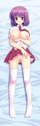 bed blush breast_hold breasts clothing dakimakura female from_above hair_ornament hairclip large_breasts long_image lying mm! nanami_ayane nanami_ayaoto navel necktie nipples no_bra no_panties on_back open_clothes open_mouth open_shirt pink_eyes pink_legwear pink_thighhighs plaid purple_hair pussy school_uniform shirt shirt_lift short_hair skirt skirt_lift smile solo tall_image thighhighs uncensored white_legwear yuuno_arashiko