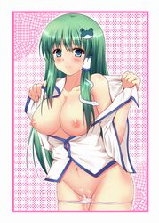 1girls blue_eyes bottomless breasts cum cumdrip detached_sleeves female frog green_hair hair_ornament large_breasts long_hair pussy sanae_kochiya second_heaven snake solo touhou uncensored undressing