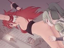 anilingus armpits arms_up ass blush bottomless echidna_(queen's_blade) female green_hair hair multiple_girls oral pointy_ears purple_eyes queen's_blade red_eyes red_hair rimjob rimming risty yuri