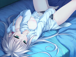 1girls artist_request barefoot bed biting blonde_hair blush breasts character_request earrings erect_nipples female finger_biting fingering game_cg green_eyes jewelry long_hair lying masturbation nipples no_bra no_pants on_back open_clothes open_shirt panties pussy_juice shirt solo spread_legs sweat tear underwear w.l.o_sekai_ren'ai_kikou w.l.o_sekai_renai_kikou