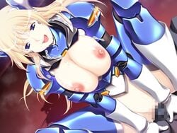 armor blonde_hair censored cowgirl_position cum happy justice_blade justice_blade_3 long_hair magical_girl rashetto_goldwell sentai sex smile vaginal_penetration