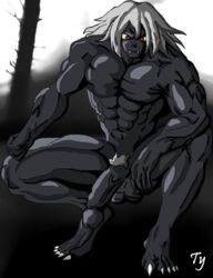 1boy beast blue_skin demon forest large_penis lowres male male_only monster muscle muscular nature night nude original penis red_eyes silver_hair solo ty5550