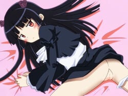 anus bed_sheet black_hair blush dress female flower gokou_ruri hairband long_hair looking_back lying mole my_little_sister_can't_be_this_cute no_panties ore_no_imouto_ga_konna_ni_kawaii_wake_ga_nai purple_rose pussy ragho_no_erika red_eyes rose sheet_grab skirt skirt_lift solo uncensored