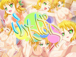 1boy 1futa blonde_hair breasts futa_on_male futa_with_male futanari green_eyes hair_ornament hairband intersex large_breasts nude open_mouth potato_house source_request