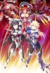 armor black_hair blonde_hair bondage breasts justice_blade_3 long_hair magical_girl rashetto_goldwell red_hair sentai short_hair tendou_juri tentacle torn_clothes weapon yuuki_saki