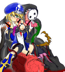 arakune beret black_legwear black_thighhighs blazblue blonde_hair blush breasts bukkake censored cum cum_on_body cum_on_breasts cum_on_chest cum_on_clothes cum_on_upper_body detached_sleeves facial female futanari fuyu_sato gloves green_eyes handjob hat intersex monster necktie noel_vermillion penis pointless_censoring short_hair sitting slime tentacle thighhighs uniform