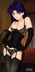 1girls 2007 3d anonymous_artist bra breasts brown_eyes clothing color corset cross dated female female_only garter_belt hand_on_hip human jewelry lingerie looking_at_viewer medium_breasts misato_katsuragi necklace neon_genesis_evangelion nipples nude panties purple_hair see-through see-through_bra shelf_bra solo standing stockings