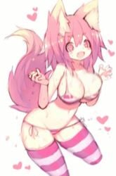 :d animal_ears animated bikini blush bouncing_breasts breasts cleavage dancing excited female female fox_ear fox_tail heart heart-shaped_pupils huge_breasts kitsunemimi mamuru medium_hair open_mouth photoshop pink_eyes pink_hair simple_background smile solo stroke_(animator) swimsuit symbol-shaped_pupils tail thighhighs white_background