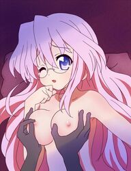 big_breasts blue_eyes breast_grab breasts glasses large_breasts long_hair lucky_star miyuki_takara nipples pink_hair wink