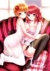 07th_expansion 2girls ange_ushiromiya bangs beatrice_(umineko) black_legwear black_thighhighs blunt_bangs blush bra breasts cleavage female female_only flower hair_bobbles hair_flower hair_ornament highres human large_breasts legs lingerie looking_at_viewer multiple_females multiple_girls panties panties_around_leg panties_around_one_leg pink_bra pink_panties pussy_juice red_rose rose sadakofxe sample see-through sideboob spread_legs sweat teenage_girl teenager thighhighs tied_hair twintails umineko_no_naku_koro_ni underwear white_legwear white_panties white_thighhighs yuri