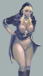 blue_eyes bottomless breasts female female_only goeniko hips homex hood human king_of_fighters large_breasts leopold_goenitz long_hair m.u.g.e.n nipple_piercing nipples painting_(artwork) piercing pubic_hair pussy rule_63 snk solo wide_hips