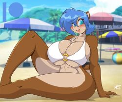 1girls 2022 anthro beach bikini_top blue_eyes blue_hair blush bottomless breasts brown_fur chipmunk cleavage female female_only freckles furry huge_breasts mastergodai rally_ryder rascals rodent short_hair smile solo swimsuit thick_thighs voluptuous wide_hips