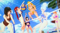 3d 6girls artist_request bautiithemasterhero beach bikini black_hair blake_belladonna blonde_hair circlet female female_only green_eyes high_ponytail long_hair multiple_girls nipple_bulge nora_valkyrie orange_hair ponytail pyrrha_nikos red_hair ruby_rose rwby sand_castle sidelocks swimwear volleyball volleyball_net weiss_schnee white_hair yang_xiao_long